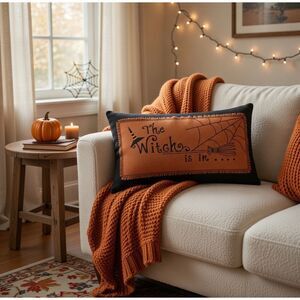 Canvas Glam “The Witch Is In” Pumpkin Witch Pillow Halloween Decor Orange